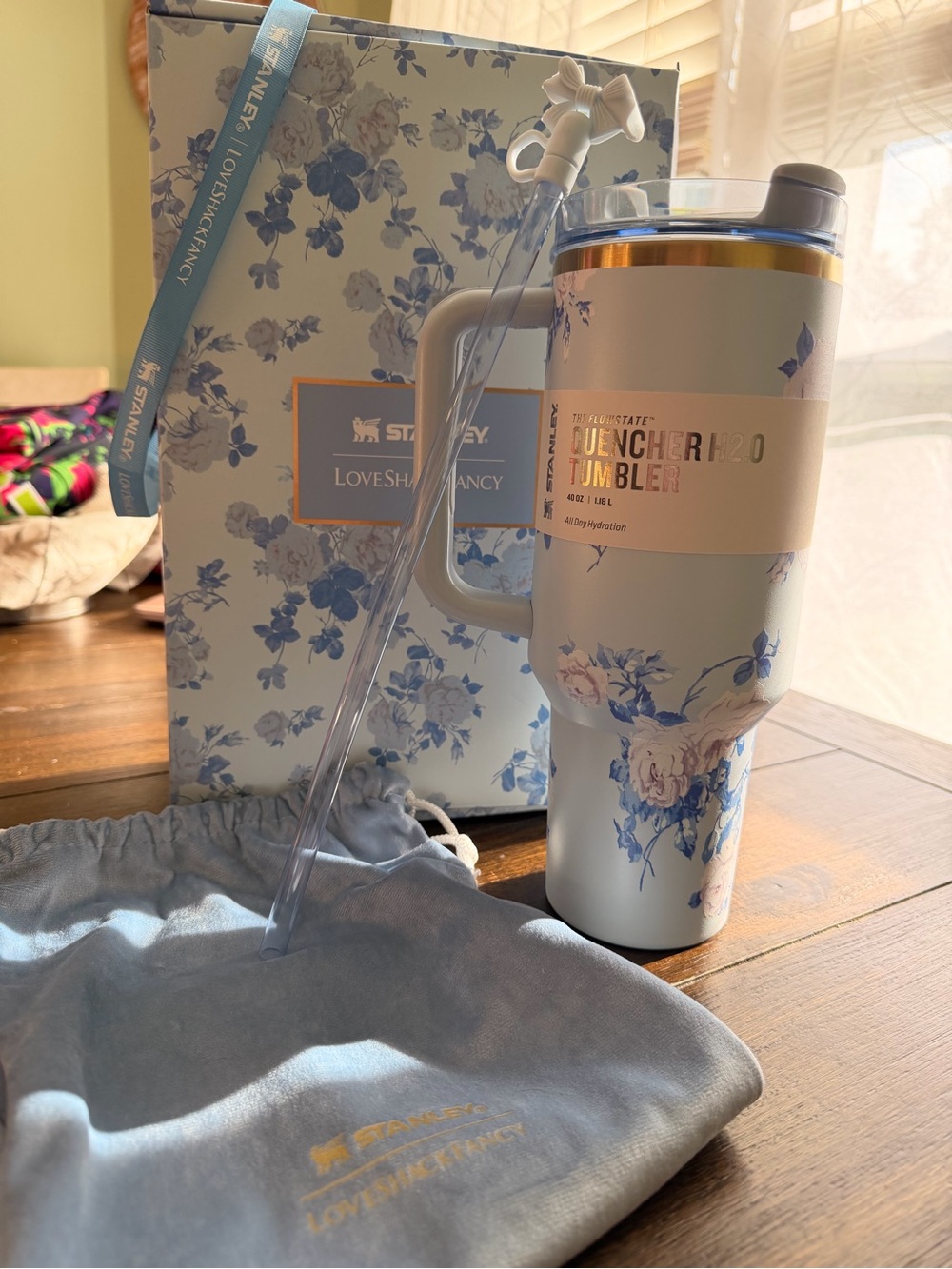 Loveshack Fancy Stanley Pale Blue Floral Quencher Tumbler with Straw